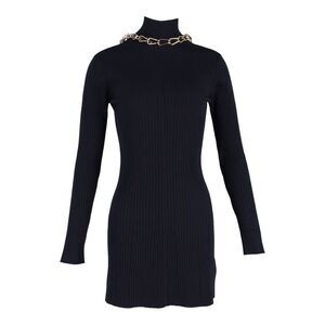 Dion Lee Chain-Embellished Open-Back Ribbed-Knit Mini Dress in Navy Blue Viscose